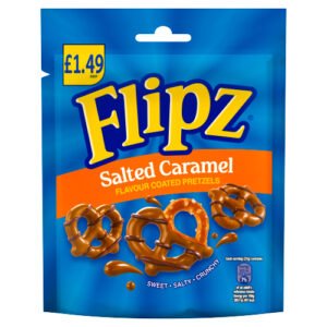 FLIPZ SALTED CARAMEL FLAVOUR COATED PRETZEL SNACKS PMP £1.49 80G
