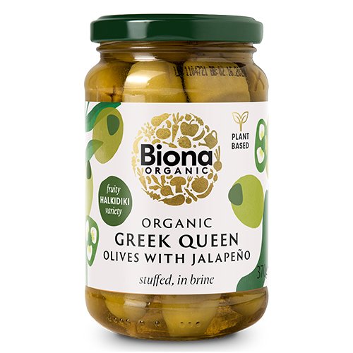 BIONA ORGANIC GREEK QUEEN OLIVES WITH JALAPENO STUFFED IN BRINE 370G