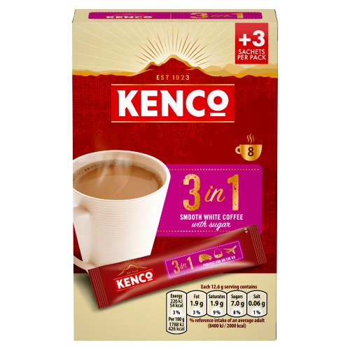 KENCO 3 IN 1 SMOOTH WHITE INSTANT COFFEE WITH SUGAR 8 SACHETS 100.8G